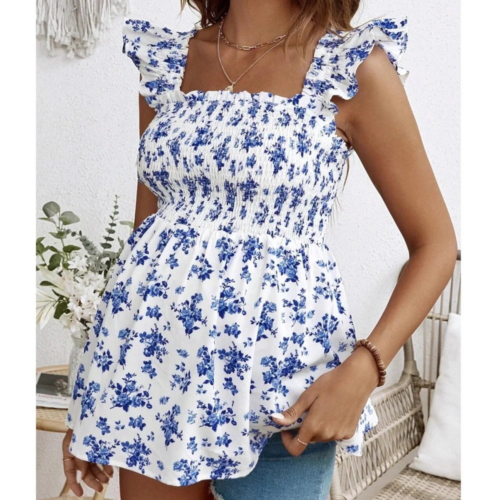 Maternity Floral Print Ruffle Cap Sleeve Shirred Blouse - Picture 1 of 10
